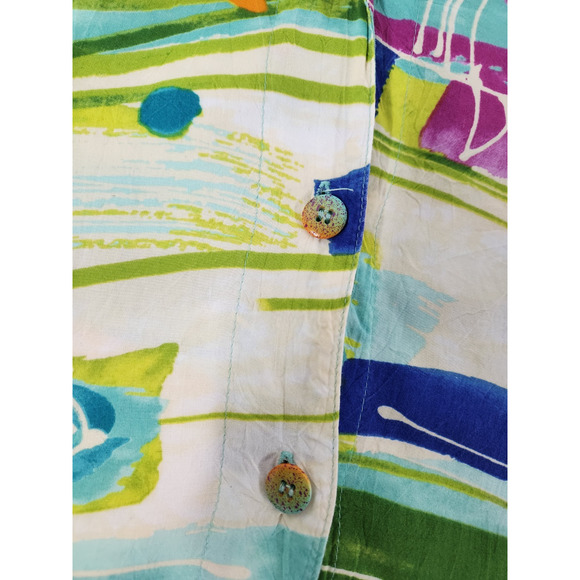 Vtg Jams World Women's Fish Pond Print Short Sleeve Shirt, Sz XL, In Multi. Flaw - Picture 3 of 13